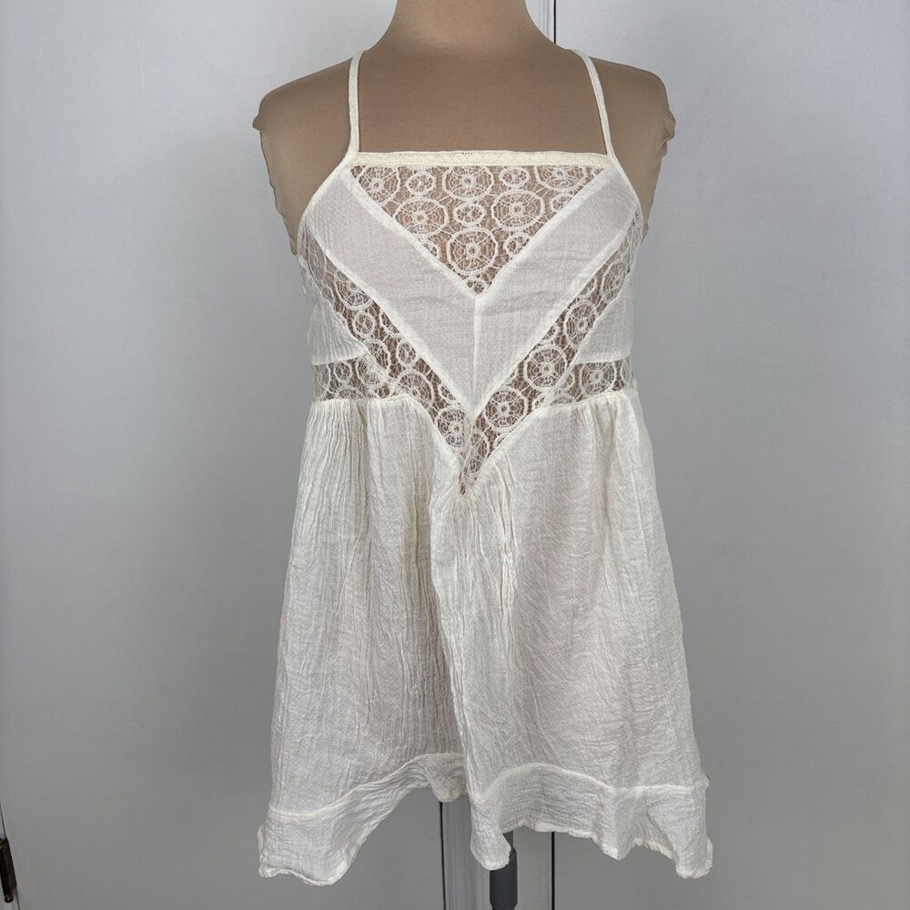 Infinity Raine Spaghetti Strap White Boho Lace & Crinkle Tunic Medium